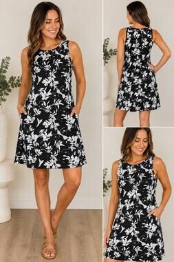 Columbia Women’s Large Black White Floral Sleeveless Dress Stretch Casual L